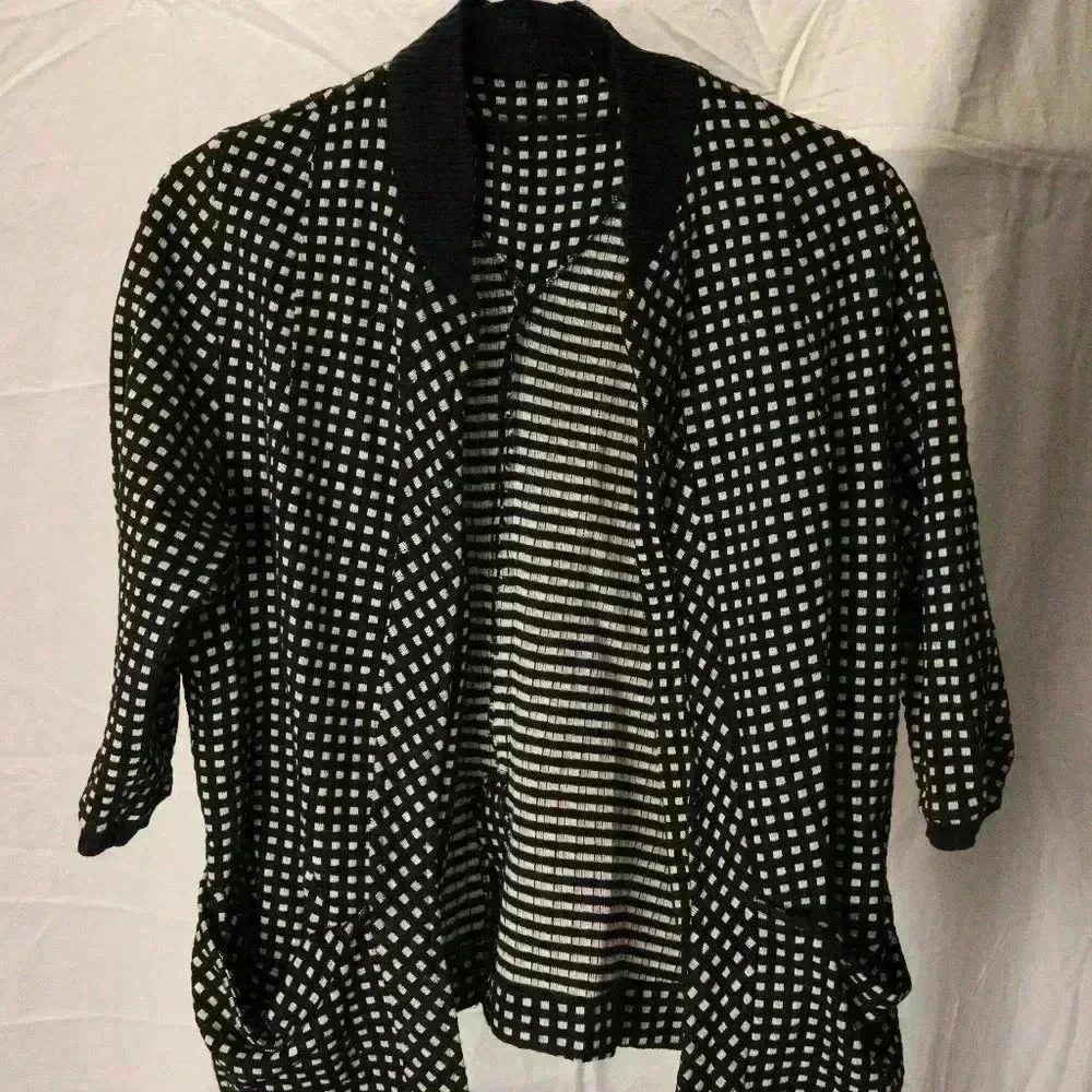 Black White Geometric Grid Open Front Cardigan Shawl Collar 3/4 Sleeve Pockets